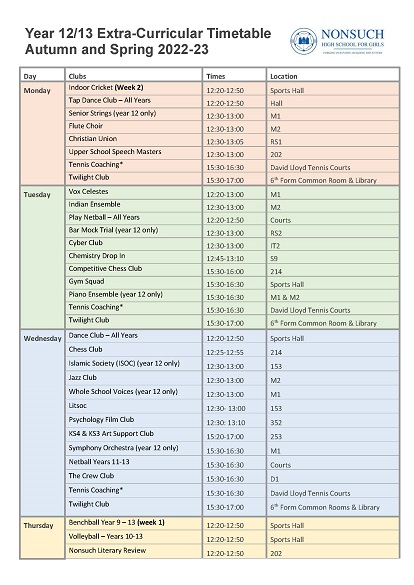 Years 12 & 13 Extra curricular