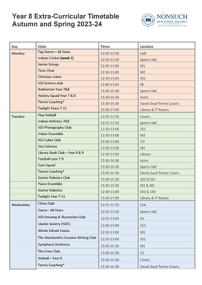 Year 8 Extra curricular