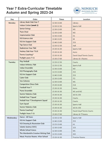 Year 7 Extra curricular