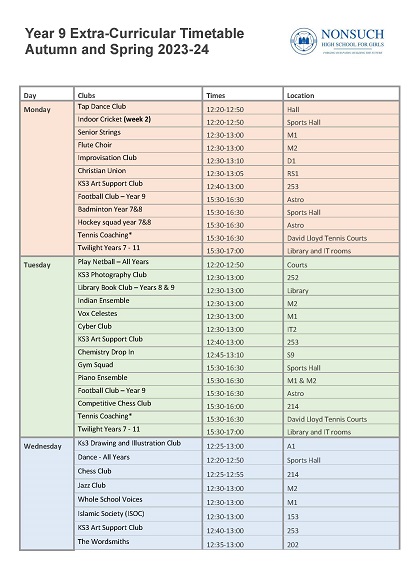 Year 9 Extra curricular