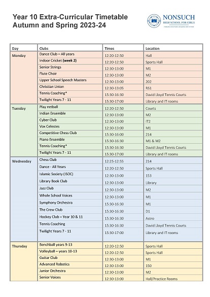 Year 10 Extra curricular
