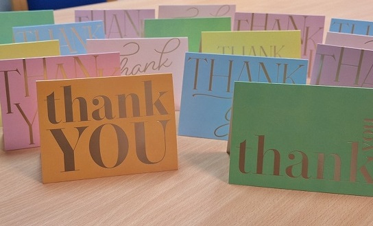 Thank you cards given to Y11 mentors in receipt of pupil premium for supporting their transition into school.
